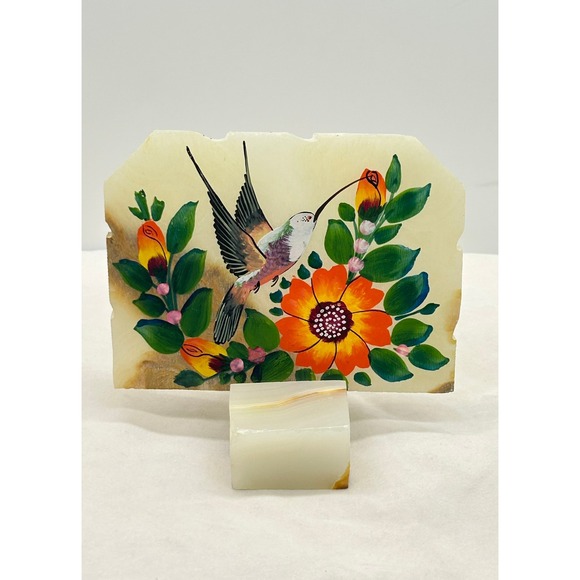 Other - Vintage Mexican Onyx Hand Painted Hummingbird Floral Stone Art Slab with Base